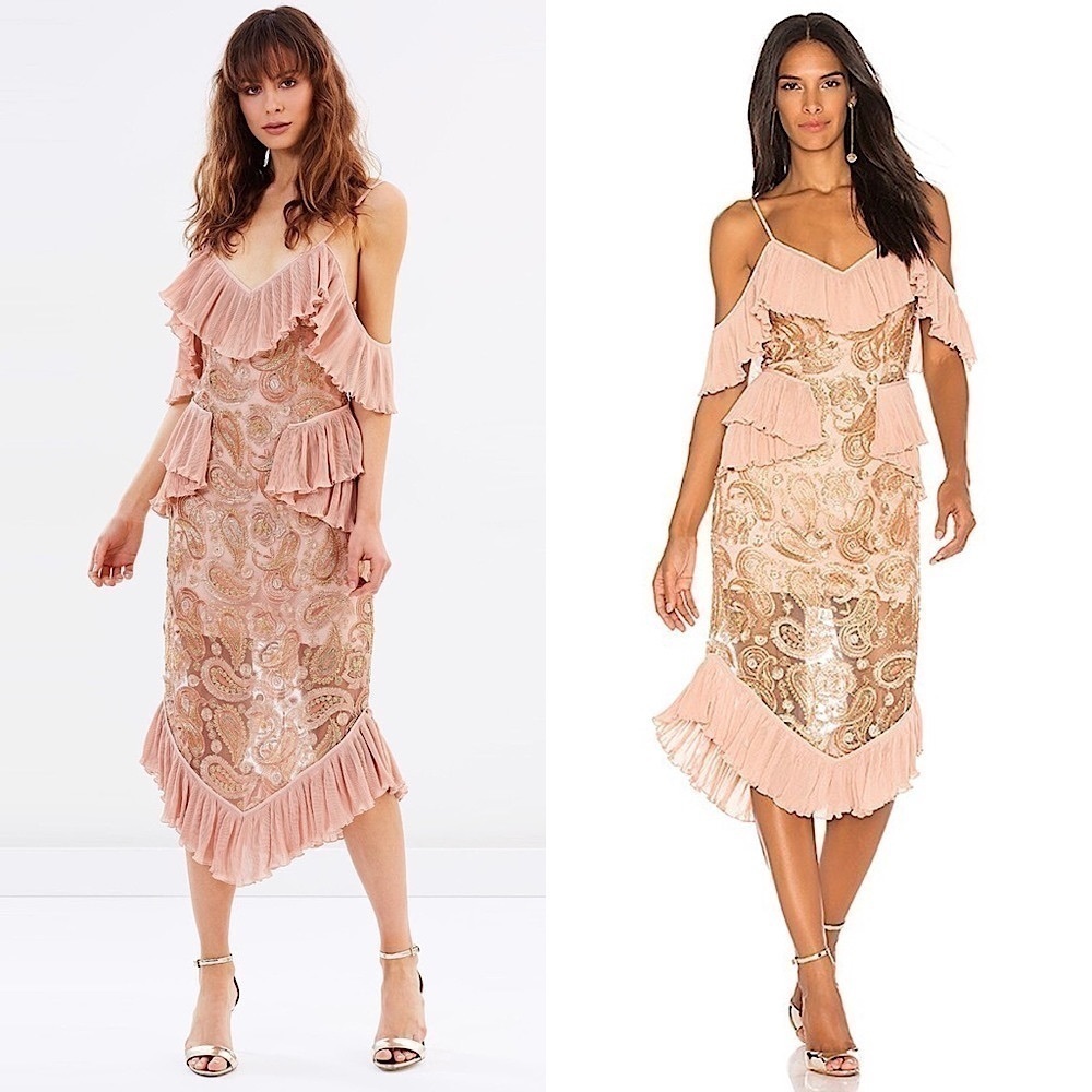 ALICE MCCALL 70s Off Shoulder Ruffle Metallic‎ Paisley Embroidered Midi Dress 6